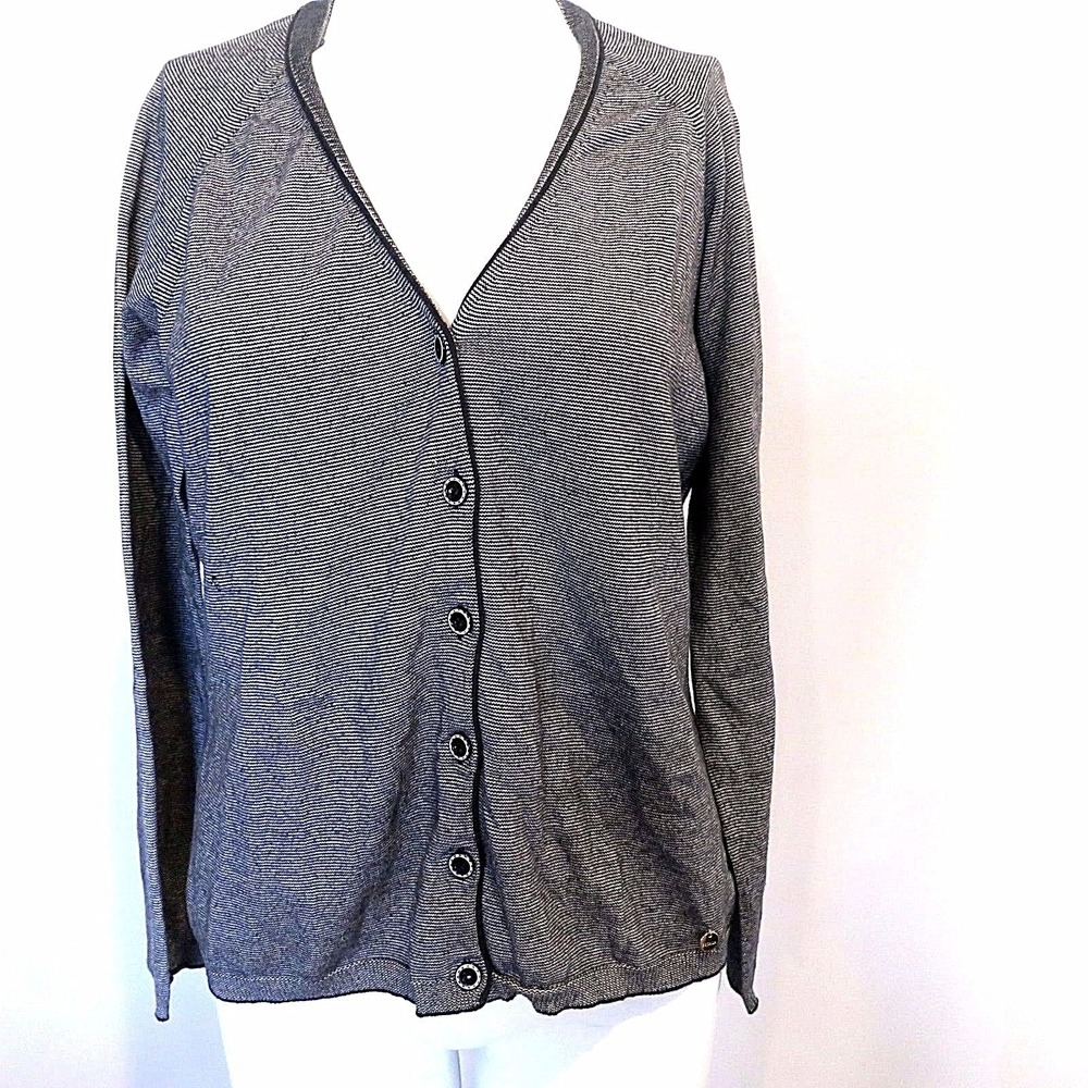 ESCADA BLACK LABEL BLACK WHITE COTTON V NECK‎ PIN STRIPE CARDIGAN SWEATER SZ  M
